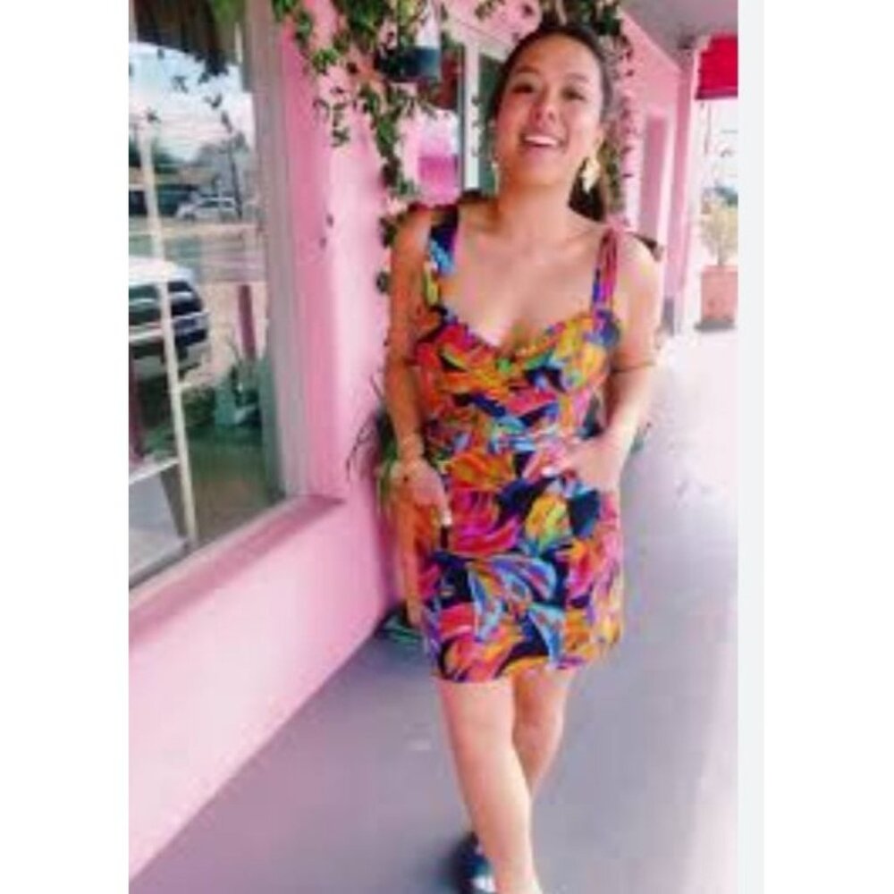 Farm Rio Rainbow Bananas Shoulder-Tie Mini Dress XS Linen - Picture 5 of 14